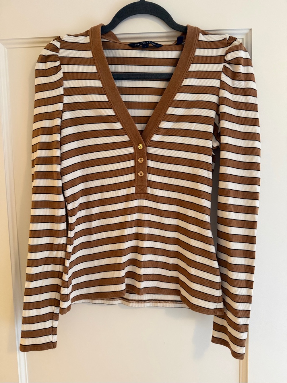 Veronica Beard Dekalb Striped Puff Sleeve Top in Camel Multi